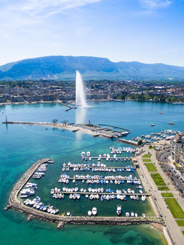 Aerial view of Leman lake - Geneva city in Switzerland